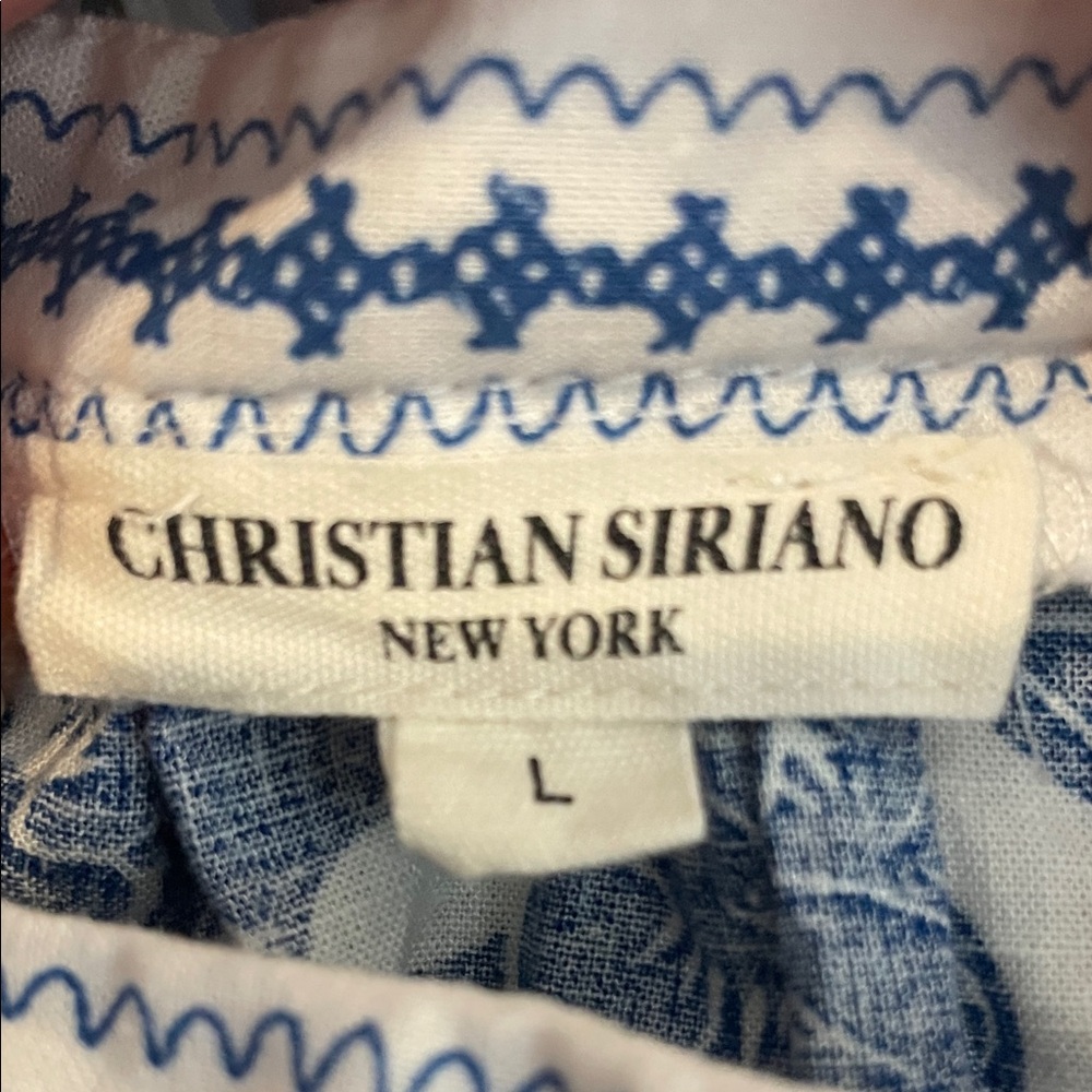 CHRISTIAN SIRIANO BLUE & WHITE FLORAL PATTERN TOP BLOUSE WITH CROCHET TRIM SZ L - Picture 9 of 10